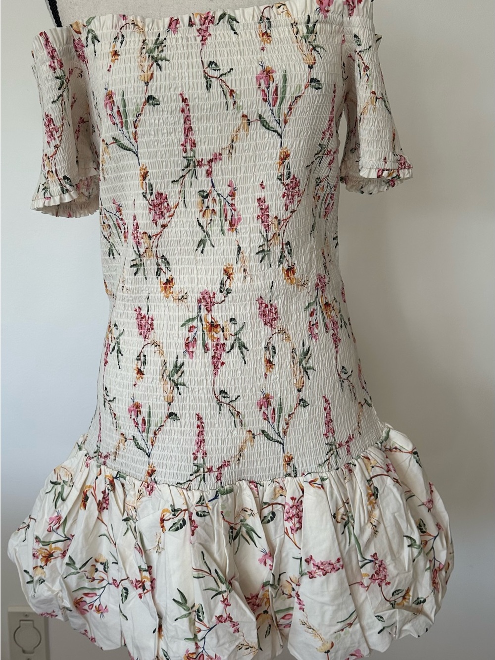Floral Smocked Off Shoulder Bubble Hem Mini Dress Cottagecore Boho Summer Flirty - Picture 2 of 15